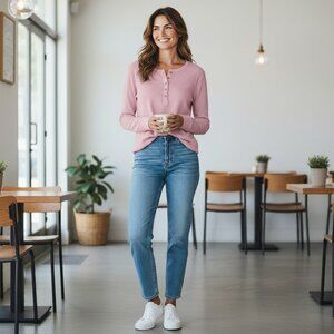 LAURA SCOTT Henley Sweater Women's 16-18W Long Sleeve Pink Ribbed Knit Crewneck